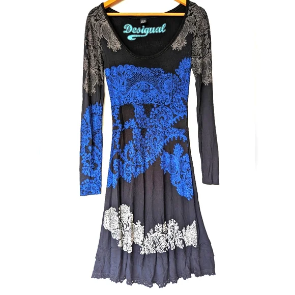 DESIGUAL paisley print lace trimmed long sleeve black dress